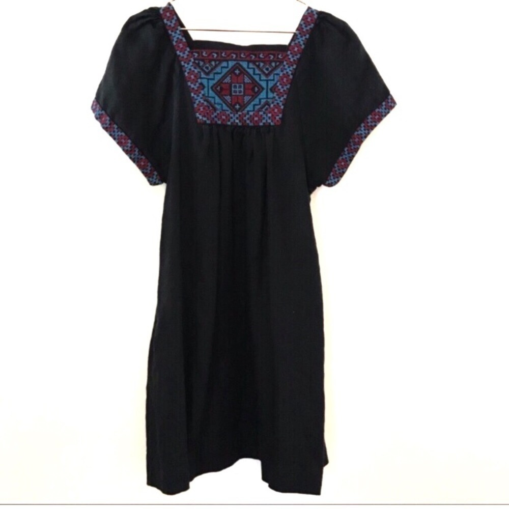 Madewell 100% linen black embroidered short sleeve shift dress